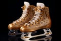 Close up of golden ice skates with crystals for figure skating performance on black background. Brown shiny ice skates banner.