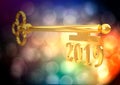 Golden key New Year over blurred background, 3D illustration, 2019