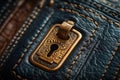 Close-up of a golden lock catch securing a blue leather case or bag, emphasizing detail and craftsmanship Royalty Free Stock Photo