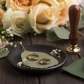 Close up of golden pair of wedding rings on plate