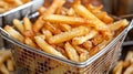 Close up of golden, perfectly crispy french fries cooking in a deep fryer for a delicious snack Royalty Free Stock Photo