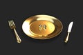 Close-up of a golden plate with two mushrooms. 3D illustration Royalty Free Stock Photo