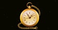 Close-up of golden pocket watch with chain and copy space over abstract black background Royalty Free Stock Photo