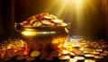 Golden Pot full of Gold Coins on a Wooden Table - Generative Ai Royalty Free Stock Photo