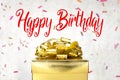 Close up Golden present box with Happy Birthday word and confetti blur background Royalty Free Stock Photo