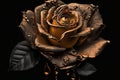 Close-Up of a Golden Rose with Black Foliage and Water Drops, Set Against a Black Background. AI Royalty Free Stock Photo