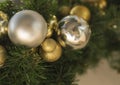 Close up golden and silver christmas baubles balls decoration on Royalty Free Stock Photo