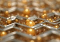 Close-up of golden spheres on a metallic hexagonal surface