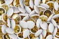 close up of golden thumb tacks with white cap, group of push pins top view Royalty Free Stock Photo