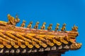 Close-up of the golden tiles rooftops of The Forbidden City,the former Chinese imperial palace from the Ming dynasty to the end of