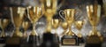 Close up golden trophy award with falling confetti. copy space for text. 3d rendering. Royalty Free Stock Photo