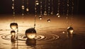 Close-up of golden water drops splashing and creating ripples on a reflective surface, highlighting the beauty of fluid
