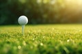 Close up golf ball blurred green grass hobby lawn leisure nature play recreation tee sport white field activity club Royalty Free Stock Photo