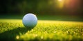 Close-up of golf ball on green grass of golf course, sunny day, blurred backdrop. Generative AI Royalty Free Stock Photo