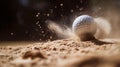 A close-up of a golf ball hitting a sand bunker, capturing the dynamic action as sand particles are explosively dispersed