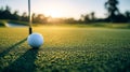 Close-up of a golf ball on a tee against a background of a fairway golf course Royalty Free Stock Photo