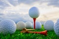 Golf ball on tee pegs ready to play and on green grass in the nature background Royalty Free Stock Photo