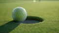 Close-up of a golf ball teetering on the edge of the hole on a lush green putting green, under a soft sunlight Royalty Free Stock Photo