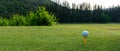 Close up Golf club hitting golf ball along fairway towards green with copy space, Royalty Free Stock Photo