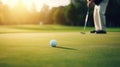 Close up golf player hitting the ball on green grass field. Generative AI. Royalty Free Stock Photo