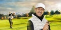 Close-up of golfer making a victory sign with his hand in a golf course Royalty Free Stock Photo