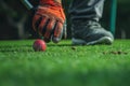 Close-up of a golfer preparing to tee off on a well-maintained green surface Royalty Free Stock Photo