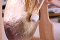 Close up of a gong with a handheld stick during a sound healing therapy healing session. Royalty Free Stock Photo