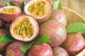 Close up goodness fresh passion fruit in wood bowl on wood table