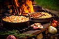 close-up of goulash ingredients beside roaring campfire