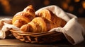 Close up Gourmet Buttery and Flaky Croissant Bread in Vienna Style on a Basket with Cloth on Top of a Table with Dark Royalty Free Stock Photo