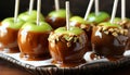 A close up of a gourmet chocolate dipped caramel apple dessert generated by AI