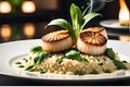 Close-up of a gourmet dish in a restaurant, steam rising from seared scallops resting on a bed