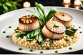 Close-up of a gourmet dish in a restaurant, steam rising from seared scallops resting on a bed