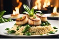 Close-up of a gourmet dish in a restaurant, steam rising from seared scallops resting on a bed