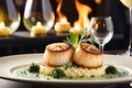 Close-up of a gourmet meal at a high-end restaurant featuring seared scallops adorned with a delicious