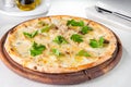 Close up gourmet pizza with gorgonzola and porcini white mushrooms Royalty Free Stock Photo