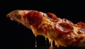Close up of gourmet pizza slice with melted mozzarella and meat generated by AI Royalty Free Stock Photo