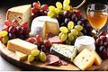 Close-up of a gourmet platter variety of cheeses and charcuterie, grapes in natural light glisten