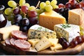 Close-up of a gourmet platter variety of cheeses and charcuterie, grapes in natural light glisten