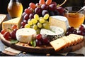 Close-up of a gourmet platter variety of cheeses and charcuterie, grapes in natural light glisten