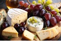 Close-up of a gourmet platter variety of cheeses and charcuterie, grapes in natural light glisten