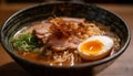 Close-up gourmet pork ramen meal cooked fresh generated by AI