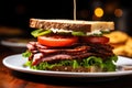 close-up of gourmet vegan roast beef sandwich