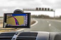 Close-up of gps navigation system device in travelling car Royalty Free Stock Photo