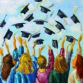 a close up of graduates throwing graduation caps painting