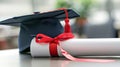 Close-up of a graduation cap and diploma on a table Royalty Free Stock Photo