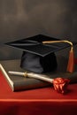 close-up of a graduation cap and diploma on a table Royalty Free Stock Photo