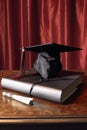 close-up of a graduation cap and diploma on a table Royalty Free Stock Photo