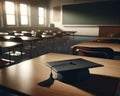 Close-up of Graduation cap lying in an empty classroom, nostalgia for graduation Royalty Free Stock Photo