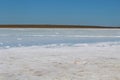 Close-up of grains of salt on the sand of the salt lake in the Astrakhan region